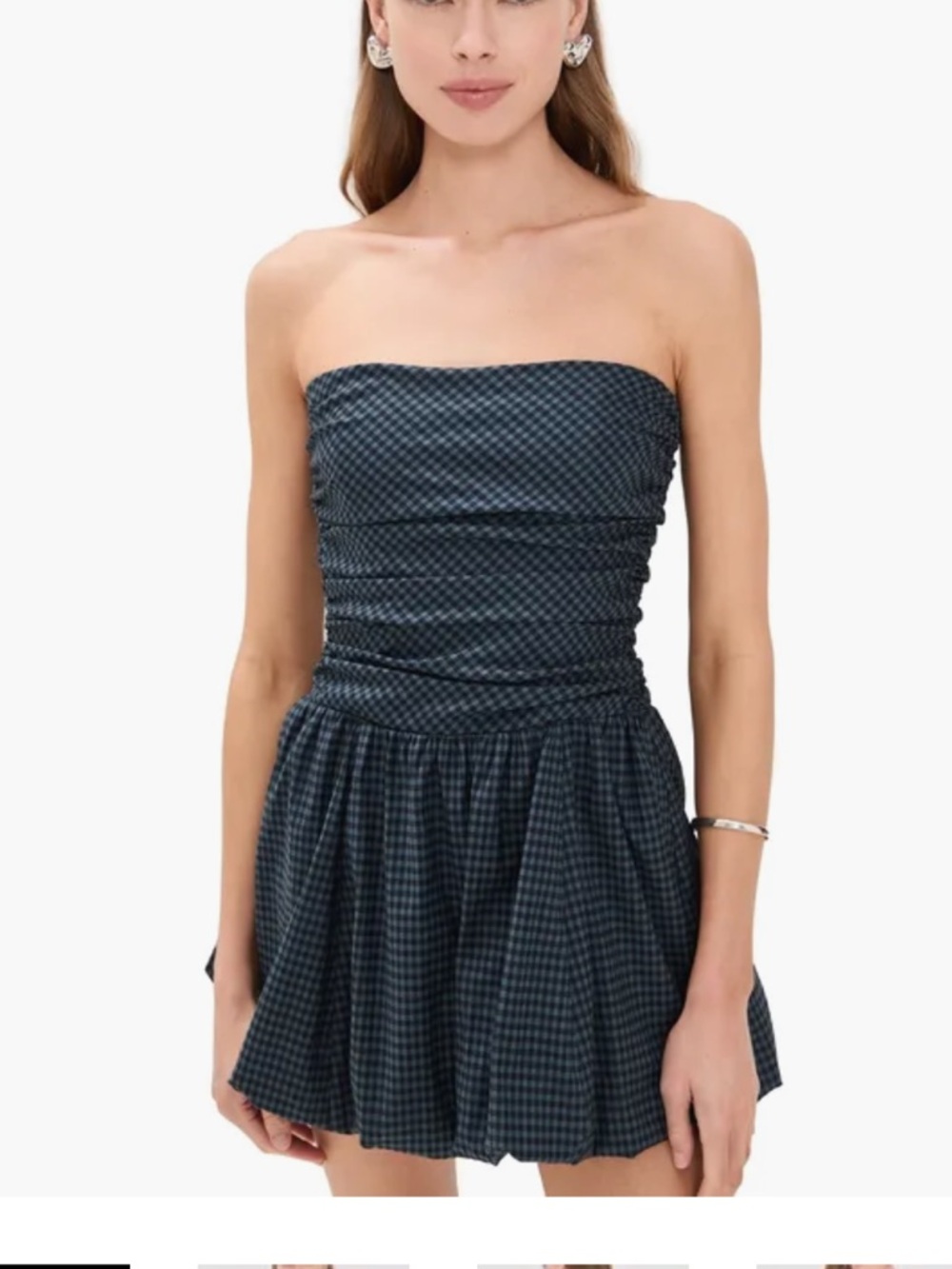 Reformation Black & Teal Gingham Strapless Dress